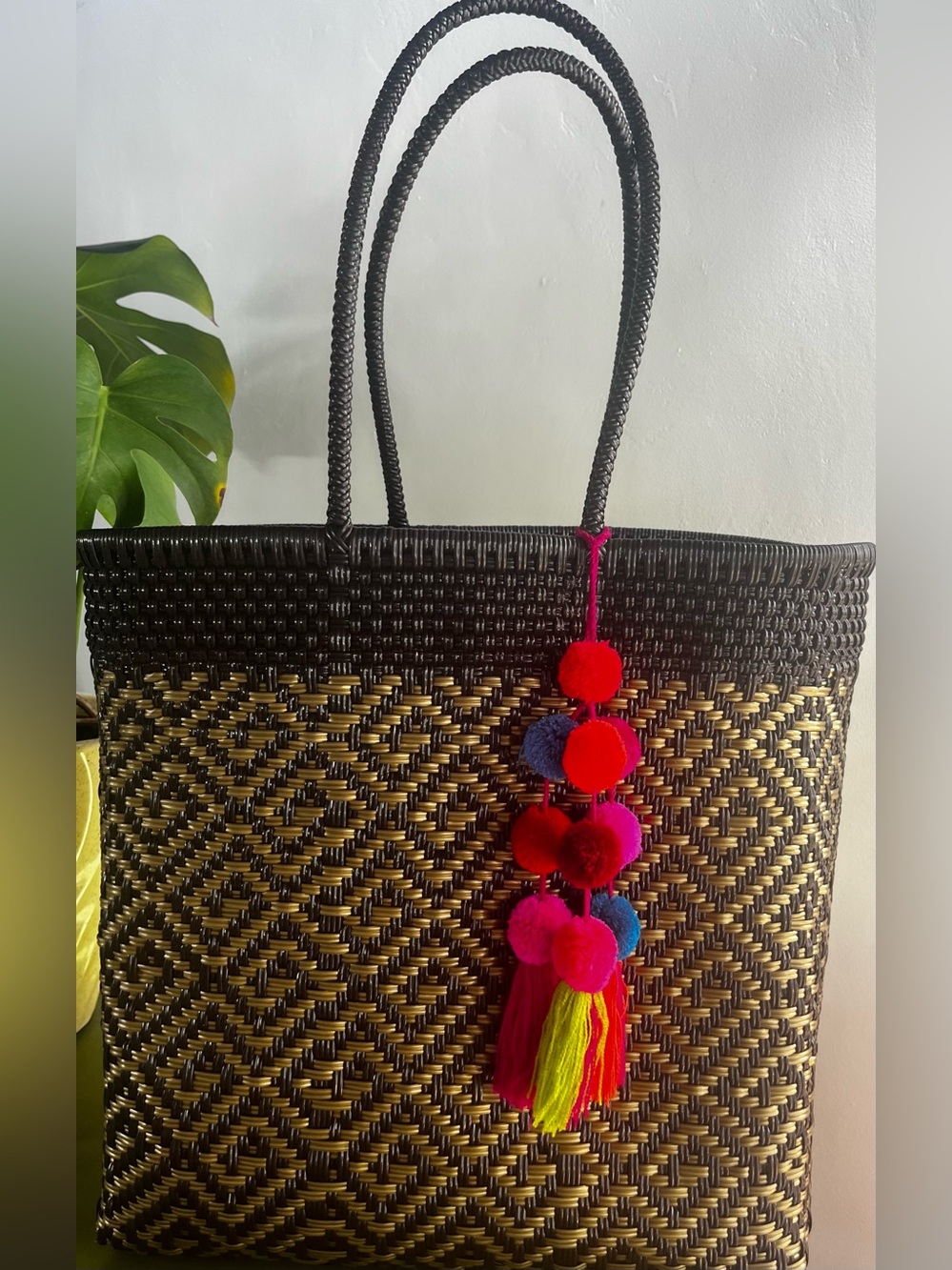 Large Nylon Woven Straw Tote Bag with Colorful Pom Tassel - Black & Natural
